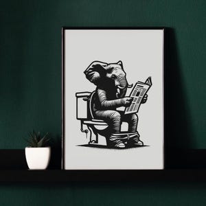 Olifantkunst, grappige kunst aan de muur badkamer, zwart-witstijl, dierenfotoafdruk, dier op toilet, afdrukbare AI-kunst