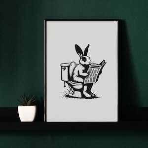 Bunny, Funny Bathroom Wall Art, Black and White Style, Animal Photo Print, Animal on Toilet, Printable AI Art