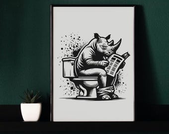 Art de la salle de bain, art drôle de rhinocéros : impression d'animal en noir et blanc (téléchargement numérique)