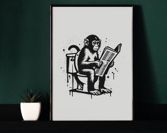 Quadro Su Tela Con Scimmia Nella Vasca Da Bagno - Stampa Artistica In Bianco E Nero Per Arredo Bagno Umoristico - 40 Cm