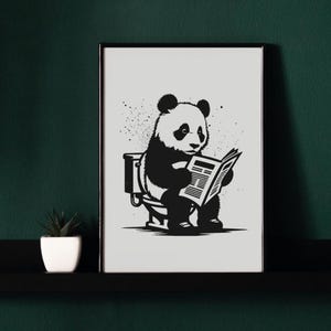 Panda Bear Art, Funny Bathroom Wall Art, Black and White Style, Animal Photo Print, Animal on Toilet, Printable AI Art