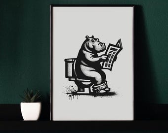 Art de la salle de bain, art hippopotame drôle : imprimé animal noir et blanc (téléchargement numérique)