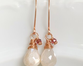 AAA Pink Quartz /& Lavender Chalcedony Vine Earrings Gold Filled Gemstone Dangles Artisan Jewelry Gift For Her