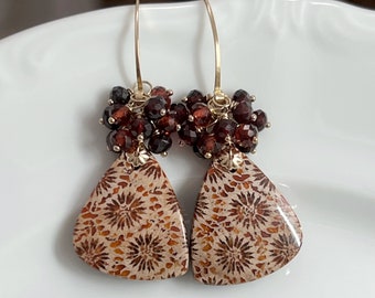 Red Fossilized Coral & Garnet Earrings // Gold Filled // Unique Earrings // Gemstone Earrings // Fancy Earrings // Cluster Earrings // OOAK