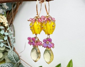 Yellow Lampwork Flower Earrings with AAA Lemon Quartz // Gemstone Earrings // Gold Filled // Unique Earrings // OOAK Earrings // Gift For