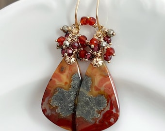 Unique Marcasite Agate Earrings // Gemstone Earrings // Gold Filled // Carnelian // Red Earrings // Fancy Earrings // Cluster Earrings