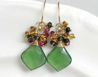 Serpentine & Tourmaline Earrings // Gold Filled // Cluster Earrings // Unique Earrings // Gift For Her // OOAK Earrings // Gemstone Earrings