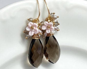 Smoky Quartz Earrings with Pink Lampwork Flowers // Gold Filled // Pearl Earrings // Cluster Earrings // Unique Earrings // Gift For Her