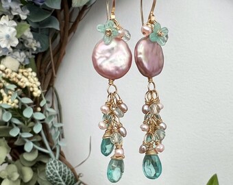 Freshwater Pearl & Apatite Earrings with Lampwork Flowers // Gold Filled // Unique Earrings // Gemstone Earrings // Flower Earrings // OOAK