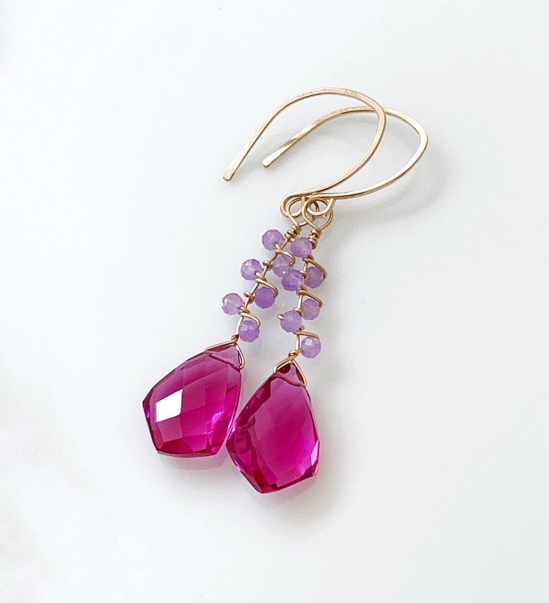 AAA Pink Quartz /& Lavender Chalcedony Vine Earrings Gold Filled Gemstone Dangles Artisan Jewelry Gift For Her