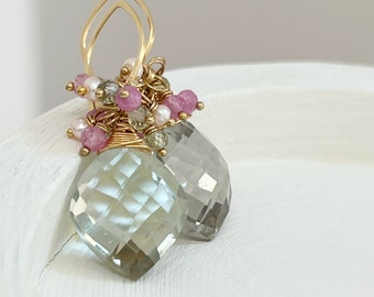 Green Amethyst Cluster Earrings // Gemstone Earrings // Gold Filled // Sapphire Earrings // Pearl Earrings // Dainty Earrings // OOAK