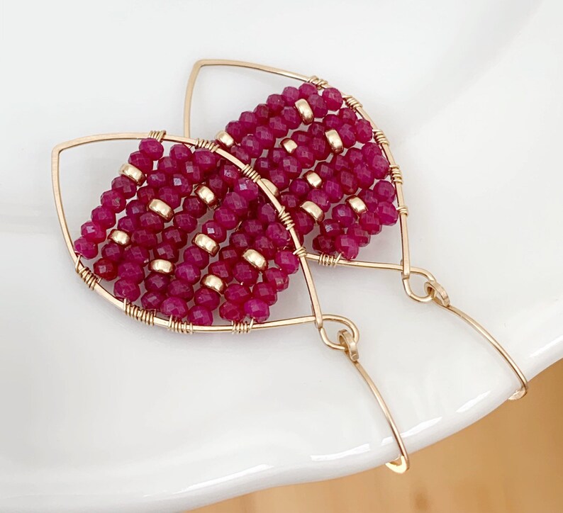 Ruby Hoop Earrings Gold Filled Ruby Earrings Gemstone Hoops Artisan Earrings Gift For Her Red Earrings