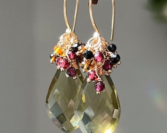 Olive Quartz Earrings with Tourmaline, Garnet and Black Spinel // Gold Filled // Gemstone Earrings // Cluster Earrings // Fancy Earrings