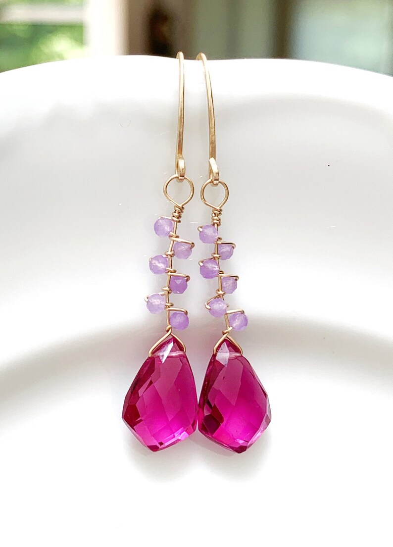 AAA Pink Quartz /& Lavender Chalcedony Vine Earrings Gold Filled Gemstone Dangles Artisan Jewelry Gift For Her