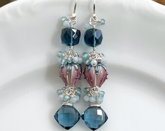 Lampwork Flower Earrings // Gemstone Earrings // Unique Jewelry // Cluster Earrings // Floral Earrings // OOAK Earrings // Sterling Silver