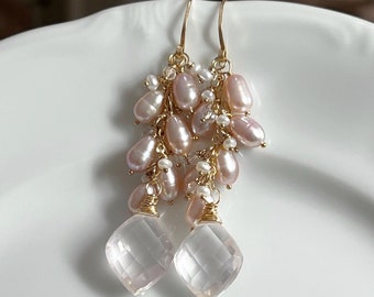 Rose Quartz & Pink Pearl Earrings // Gold Filled //Unique Earrings // Fancy Earrings // OOAK Earrings // Gemstone Earrings // Gift For Her