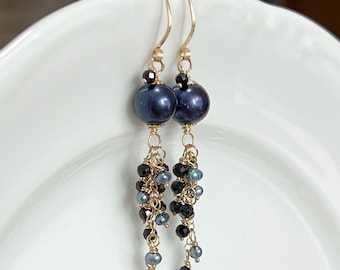 Deep Purple-Blue Pearl Earrings // Gold Filled // Black Spinel Earrings // Fancy Earrings // Lightweight Earrings // Gemstone Earrings