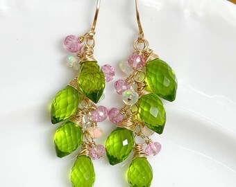 Green Quartz Cluster Earrings // Gold Filled // Unique Earrings // Gift For Her // Fancy Earrings // Ethiopian Opal Earrings // OOAK