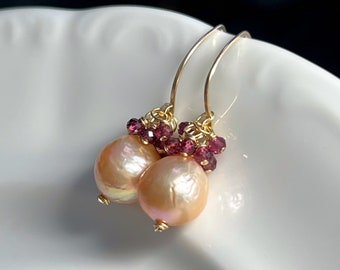 Golden Peach Pearl Earrings with Garnet // Gold Filled // Gemstone Earrings // Dainty Earrings // Lightweight Earrings // Fancy Earrings