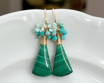 Malachite & Turquoise Cluster Earrings with Lampwork Flowers / Flower Earrings / Gold Filled / Unique Earrings / OOAK / Gift For Her