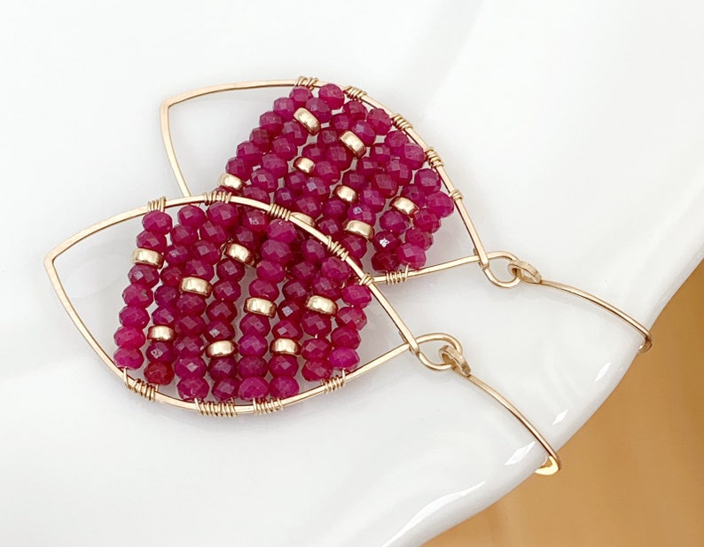 Ruby Hoop Earrings Gold Filled Ruby Earrings Gemstone Hoops Artisan Earrings Gift For Her Red Earrings