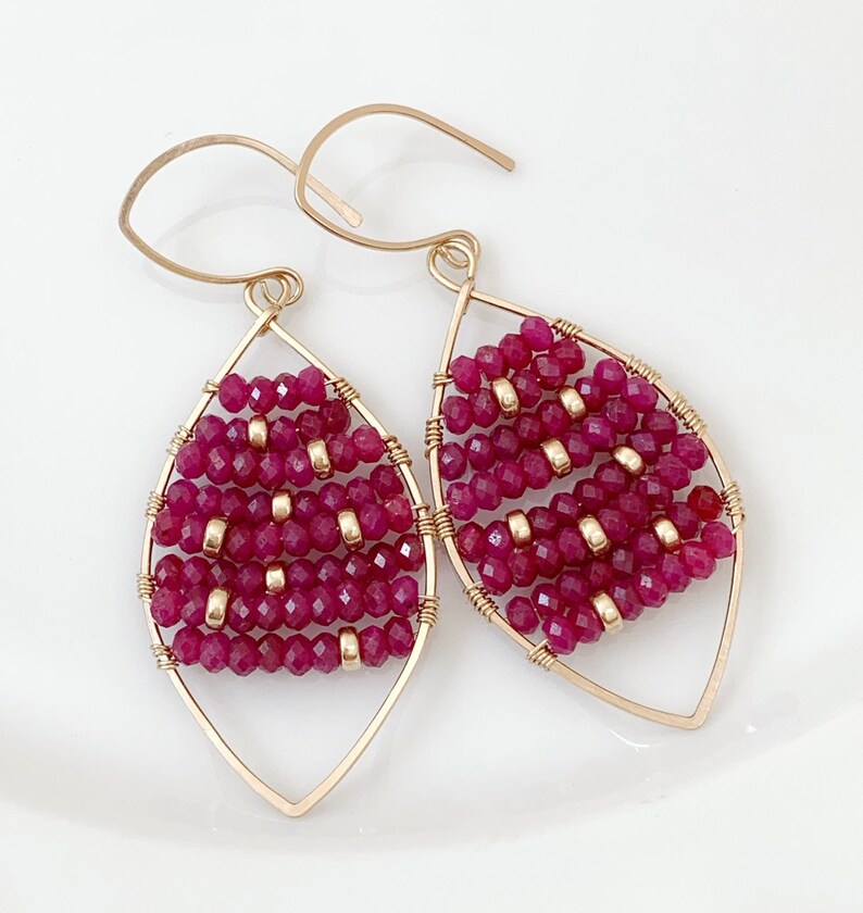 Ruby Hoop Earrings Gold Filled Ruby Earrings Gemstone Hoops Artisan Earrings Gift For Her Red Earrings