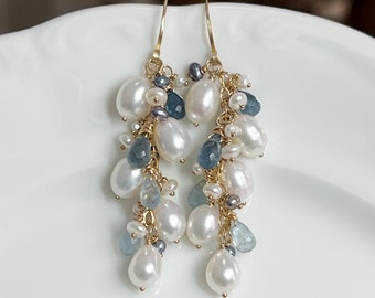 Aquamarine & Pearl Earrings // Gemstone Earrings // Gold Filled // Unique Earrings // Fancy Earrings // Cluster Earrings // Gift For Her