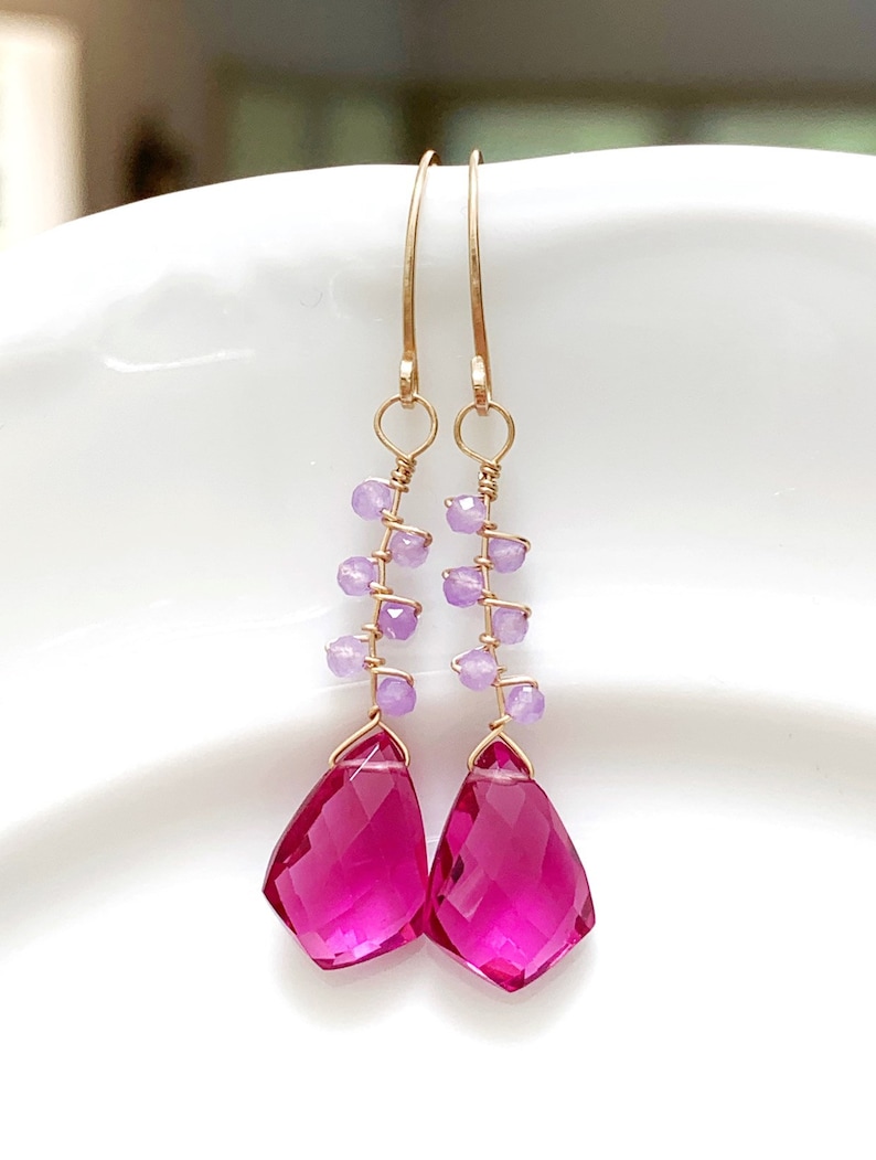 AAA Pink Quartz /& Lavender Chalcedony Vine Earrings Gold Filled Gemstone Dangles Artisan Jewelry Gift For Her