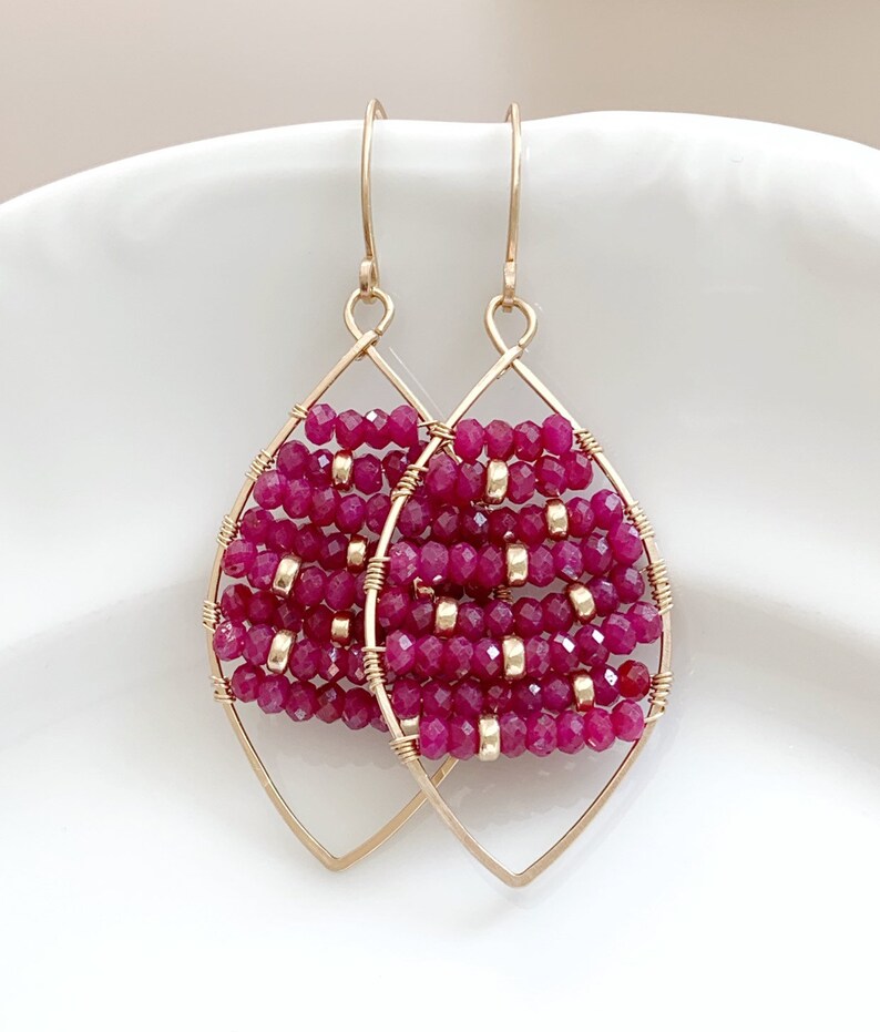 Ruby Hoop Earrings Gold Filled Ruby Earrings Gemstone Hoops Artisan Earrings Gift For Her Red Earrings