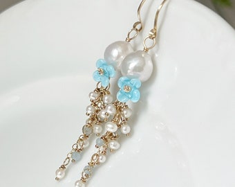 Pearl Earrings with Lampwork Flowers // Flower Earrings // Gemstone Earrings // Unique Earrings // Floral Earrings // Bridal Earrings