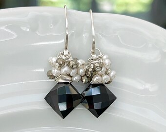 Black Spinel & Freshwater Pearl Cluster Earrings // Sterling Silver // Gemstone Earrings // Pearl Earrings // Dainty Earrings // OOAK