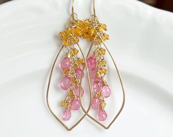 Pink Topaz & Spessartine Garnet Hoops // Gold Filled // Unique Earrings // Lightweight Earrings // Gemstone Earrings // OOAK Earrings