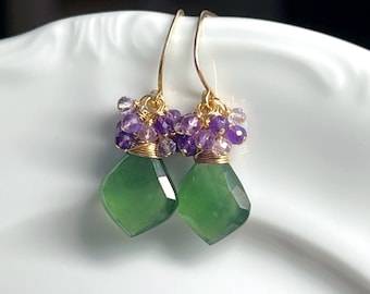 Serpentine & Amethyst Cluster Earrings // Gold Filled // Gemstone Earrings // Unique Earrings // Gift For Her // OOAK Earrings