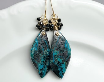 Gorgeous Chrysocolla & Black Spinel Earrings // Gold Filled // Unique Earrings // Fancy Earrings // Statement Earrings // OOAK Earrings