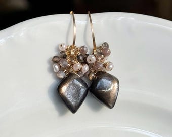 Gold Filled Black Moonstone Earrings: Pearl & Smoky Quartz Gemstone Jewelry
