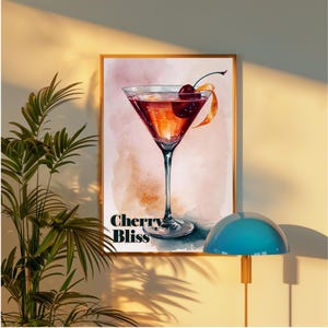 Cherry Bliss Cocktail Art Print – Watercolor Drink Poster | Digital Download | Modern Bar Wall Art | Kitchen or Dining Room Decor