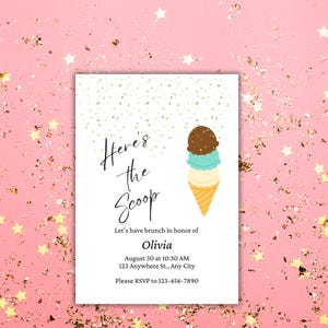 Invitation modifiable pour le brunch de crème glacée | Voici le modèle Scoop Canvas | Invitation d'été imprimable | Carte de fête de crème glacée à téléchargement immédiat
