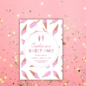 Convite editável para o primeiro aniversário da Sweet One, convite para festa de sorvete rosa para meninas, cartão de primeiro aniversário de verão, modelo instantâneo do Canva