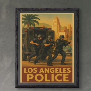 Afdrukbare LAPD Swat-officieren. Vintage digitaal jpeg-afbeelding.