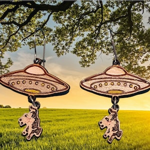 Cow Abduction Alien UFO UAP Wood Earrings