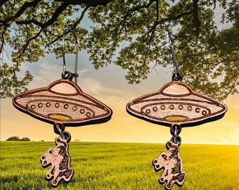 Cow Abduction Alien UFO UAP Wood Earrings