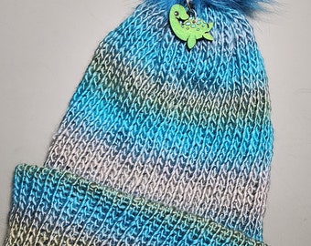 Loch Ness Monster Nessie Hand Knit Blue and Green Ombre Beanie