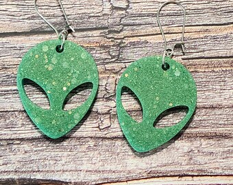 Green Glow in the Dark Alien Head Resin Earrings