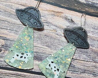 Glow in the Dark Alien UFO UAP Cow Abduction Resin Earrings