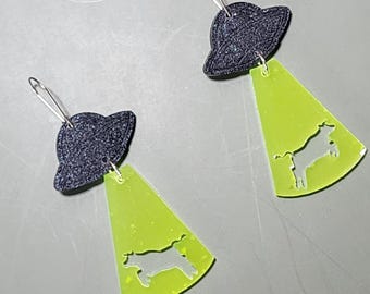 Glow in the Dark Alien UFO UAP Cow Abduction Resin Earrings
