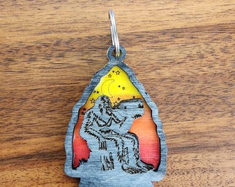 Sunset Bigfoot Sasquatch Drinking Moonshine Wood Keychain