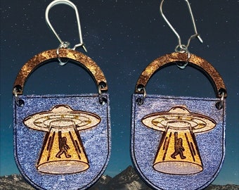 Big Foot Sasquatch Abduction Alien UFO UAP Wood Earrings