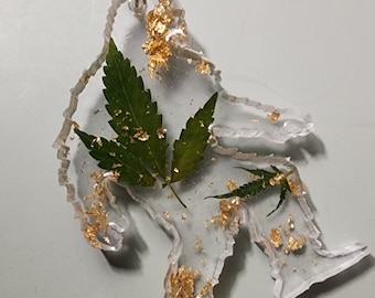 Real Dried Marijuana Leaf and Gold Leaf  Clear Resin Big Foot or Yeti Keychain