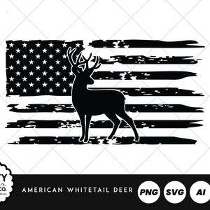 Può includere: Silhouette nera di un cervo dalla coda bianca sovrapposta a un design a bandiera americana usurata. L'immagine include il testo "American Whitetail Deer" e le icone dei tipi di file. Il logo Salty Hat Co. è in basso a sinistra.