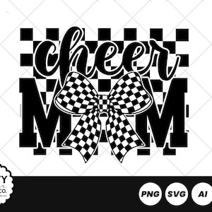 May include: A monochrome graphic design with the words "cheer MOM" and a checkered bow. The background is a checkered pattern. The Salty Hat Co. logo is at the bottom.